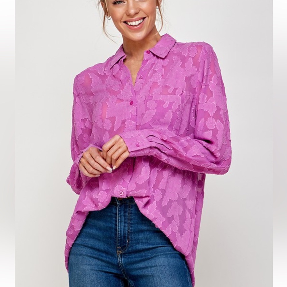 Womens Pink Textured Button-Up Blouse